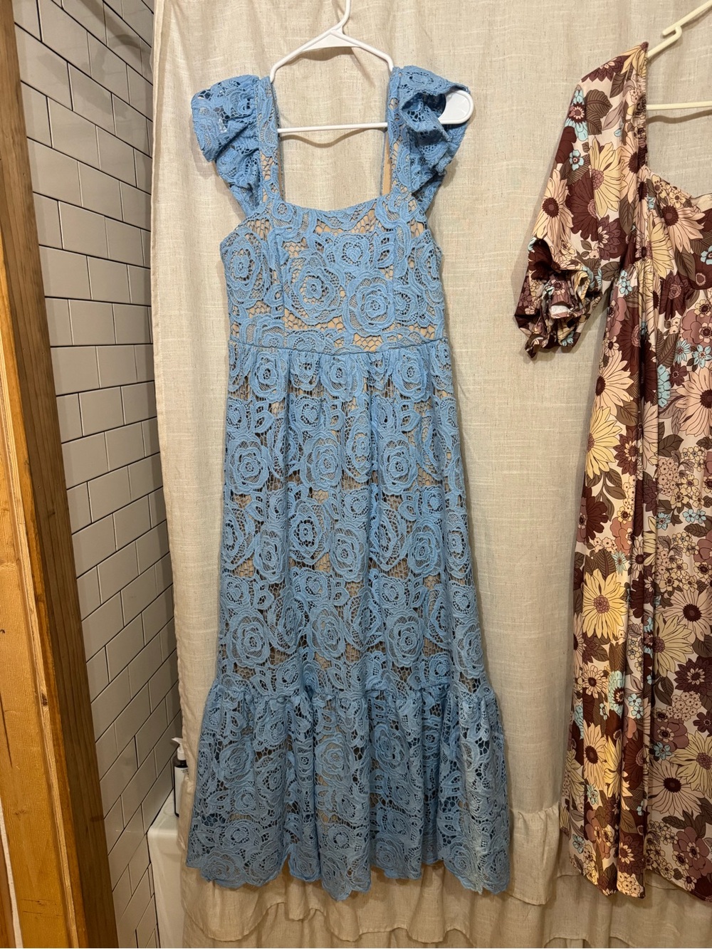 Light Blue Lace Midi Dress with Puff Sleeves